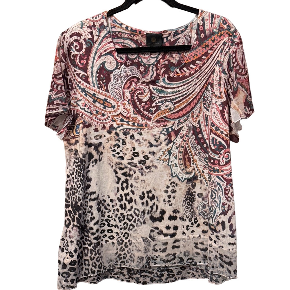 JM Collection Multicolor Paisley and Animal Print Blouse with Flutter Sleeves